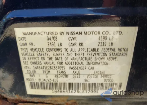 2008 Nissan Maxima 3.5 Se из США, поврежденный, VIN 1N4BA41E28C837095